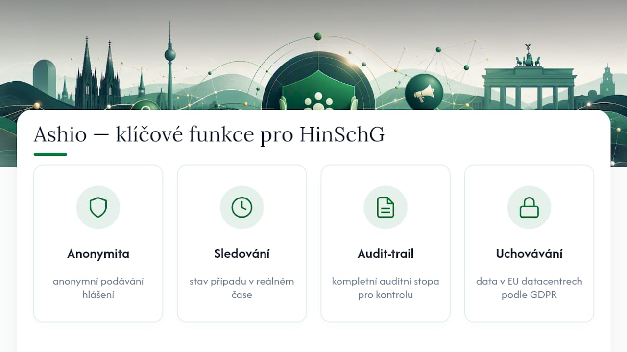Ashio jako praktická podpora nasazení HinSchG — overview diagram