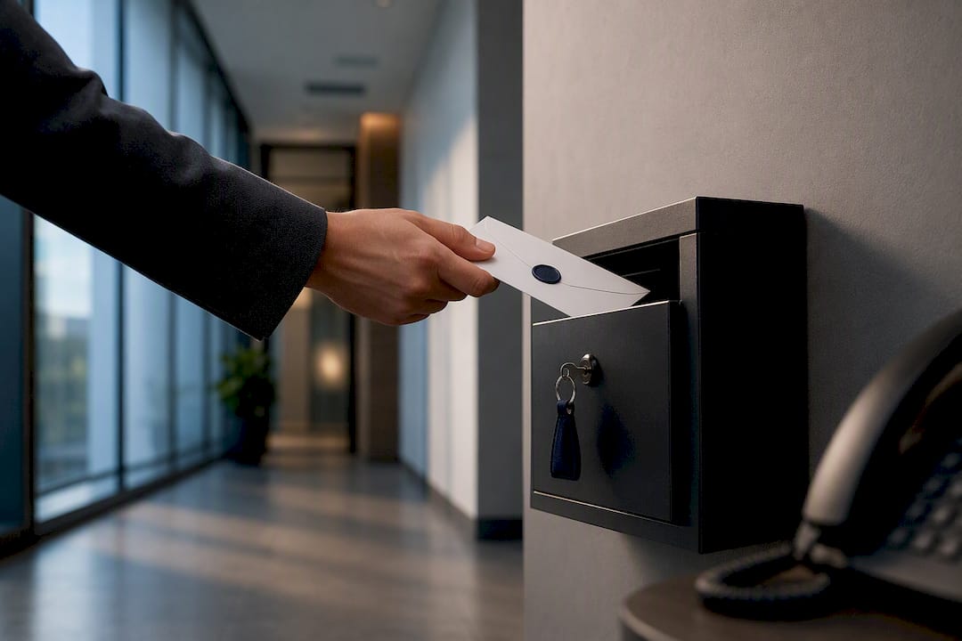 Eine Hand legt einen Umschlag in den internen Briefkasten.