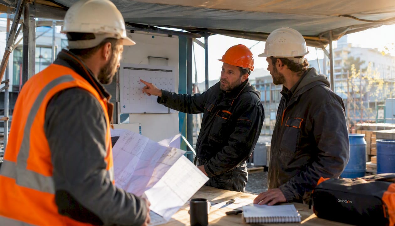 Des ouvriers échangent sur l’organisation du lancement du chantier.