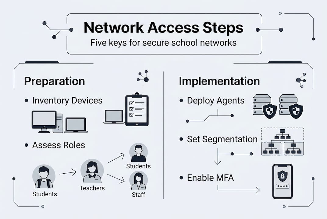 Infographic summarizing network access steps for schools
