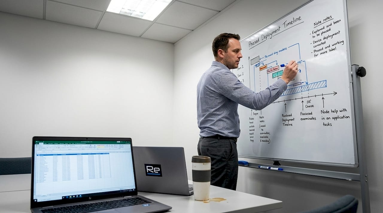 IT manager updates deployment plan on whiteboard