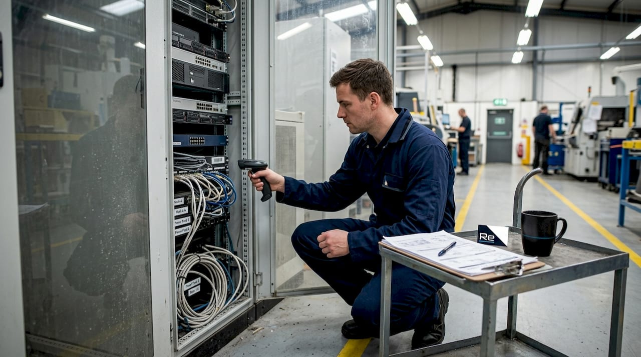 Network infrastructure checklist: optimise compliance - Re-solution Technician scanning devices on factory network