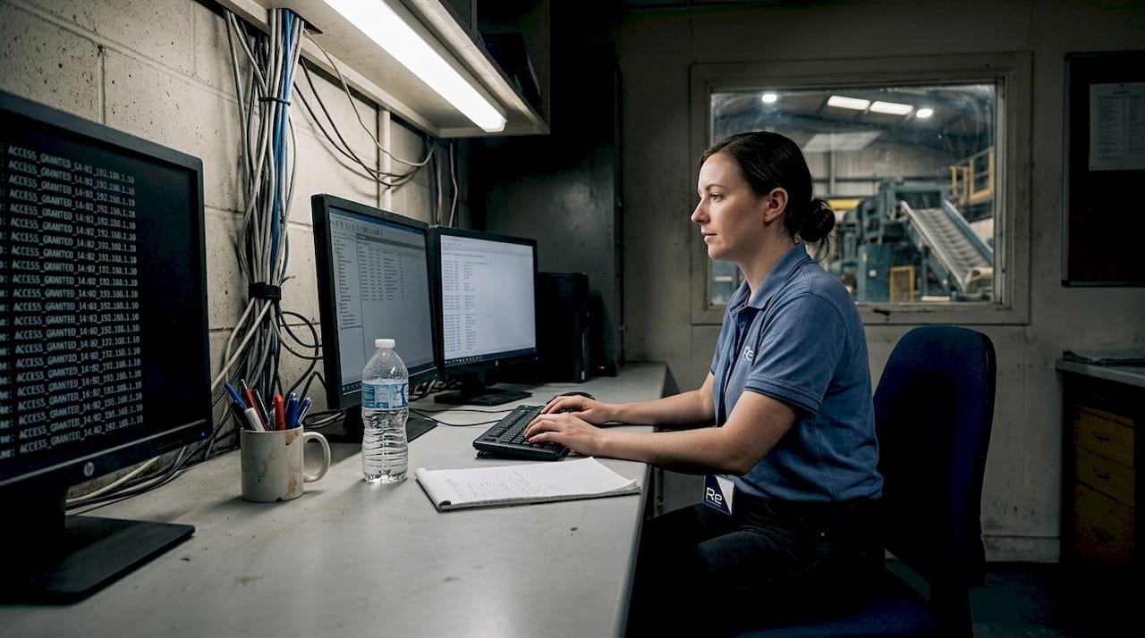 Engineer monitoring manufacturing network security