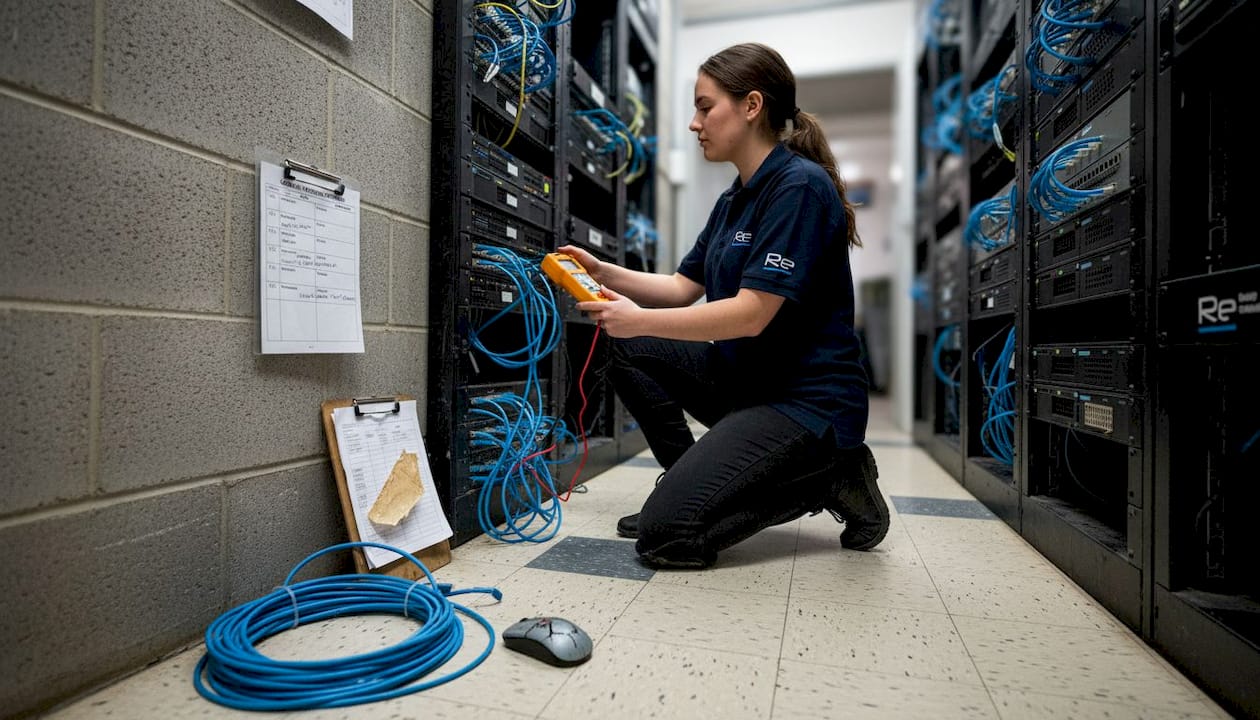Campus network design: strategic principles for robust connectivity - Re-solution Technician working on network cables in closet