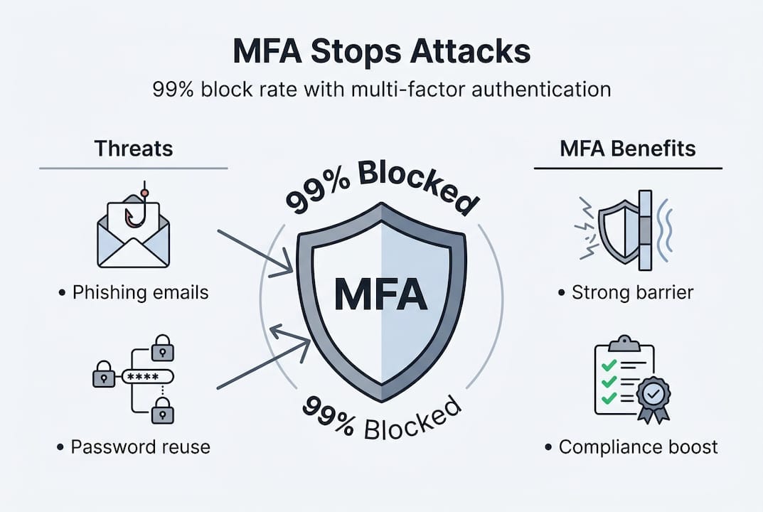Why multi-factor authentication is essential: 99% attack block - Re-solution Infographic of threats and MFA benefits