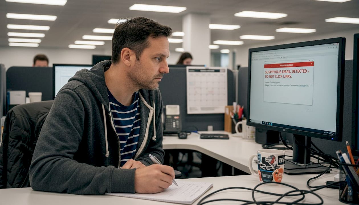 Why multi-factor authentication is essential: 99% attack block - Re-solution IT specialist reviewing phishing email at work