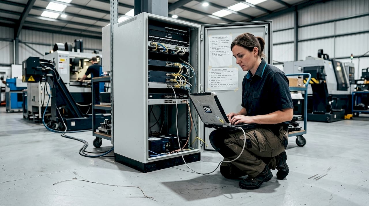 Engineer configuring factory network cabinet