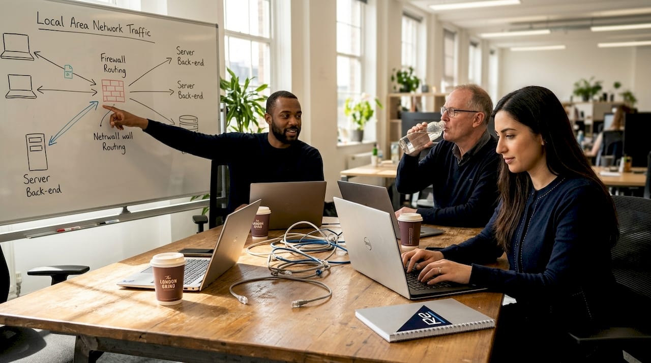 Network engineers reviewing network optimisation strategy