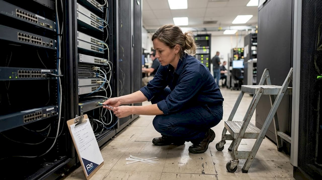Get results with the right network solutions: your guide - Re-solution Engineer fixing cables in active server room