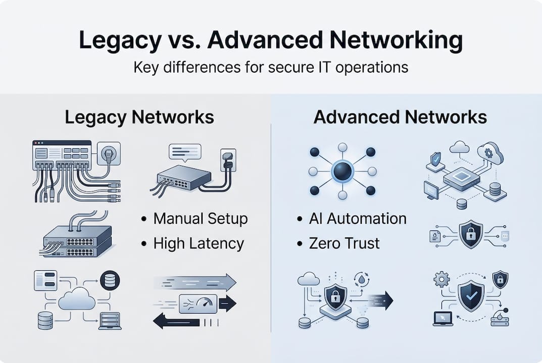 Infographic comparing legacy and advanced networking features