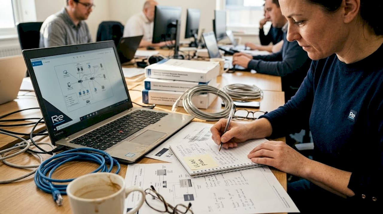 Engineer sketches network segmentation diagram in office