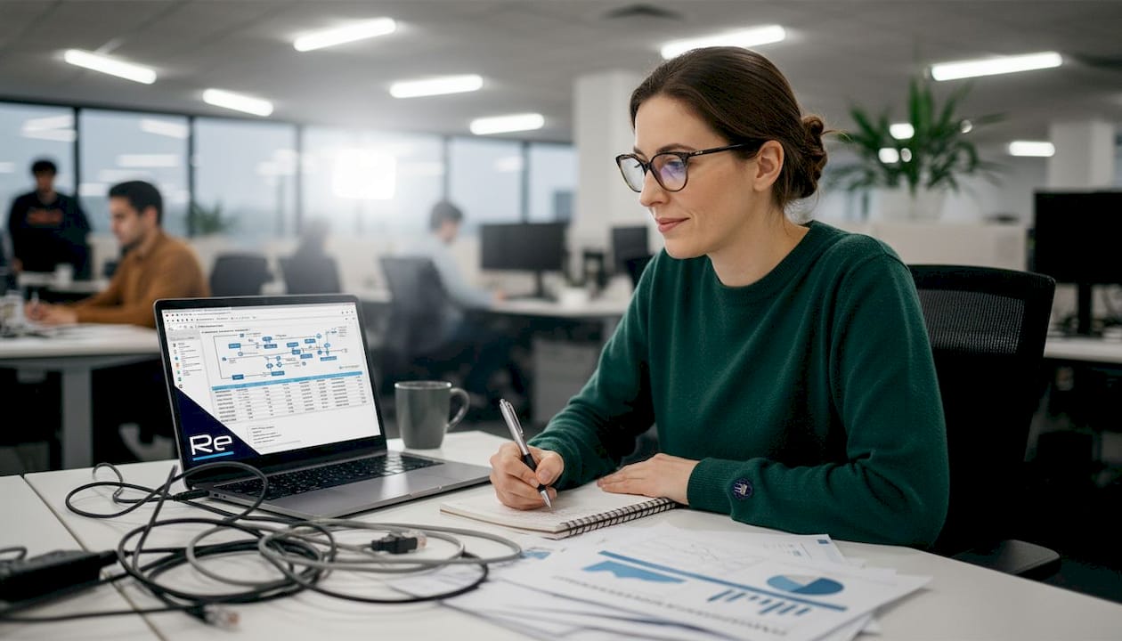 Engineer reviewing network baselines in office