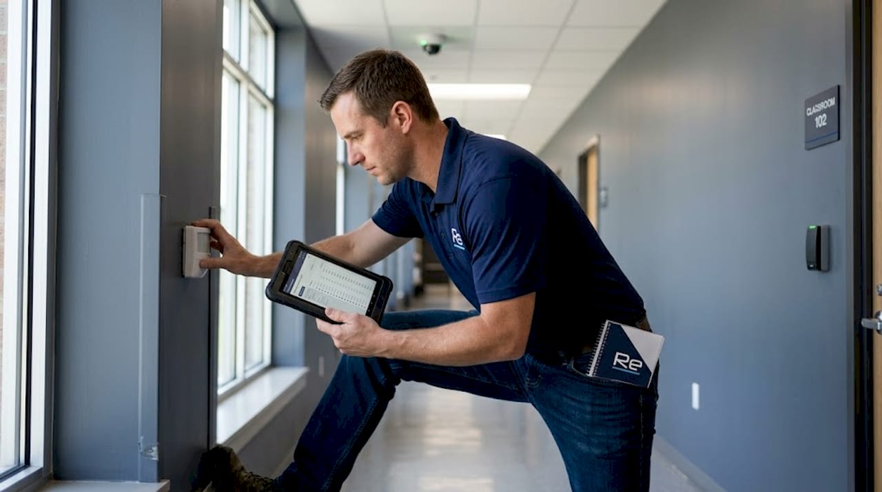 Technician reviewing IoT sensors in hallway