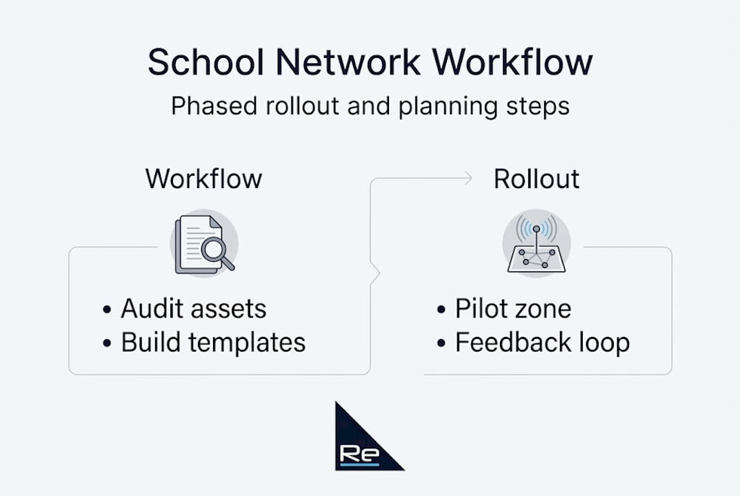 Infographic illustrating school network workflow steps