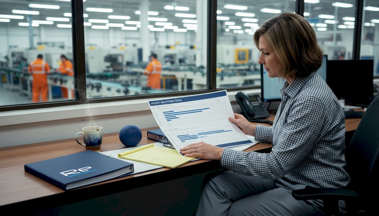 Manufacturing project lead reviewing project plan