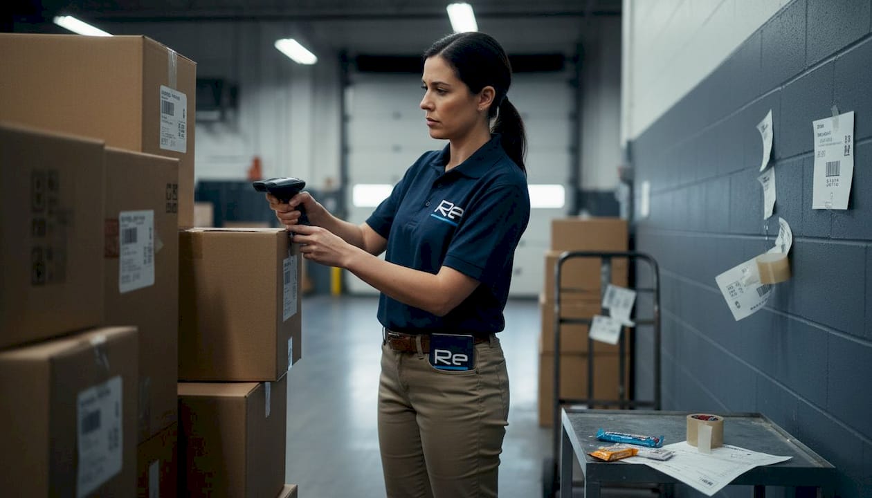 Delivery driver scanning packages at logistics facility