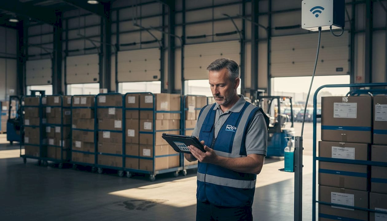 Warehouse manager using tablet for hybrid logistics