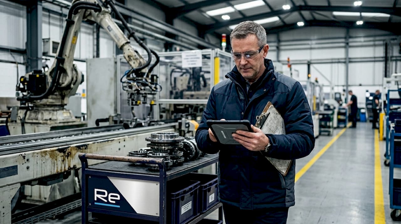 Factory supervisor reviews network tablet data