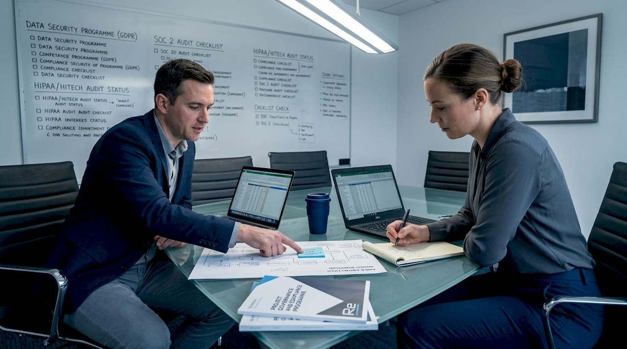 IT project managers discuss compliance workflow