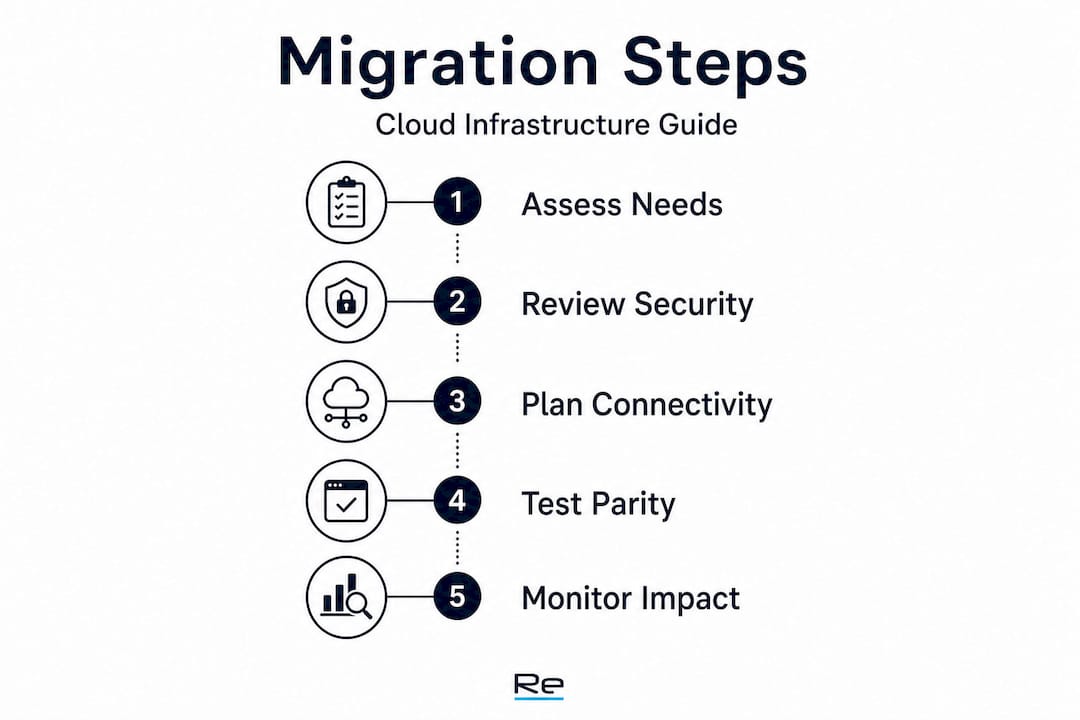 Your expert guide to cloud-based infrastructure adoption - Re-solution Infographic showing cloud migration step-by-step flow