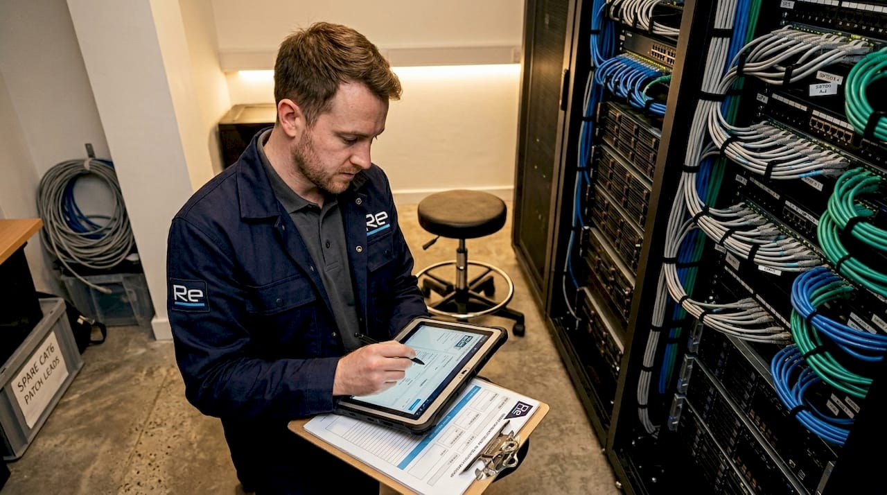 Step-by-step network security guide for robust protection - Re-solution Technician recording network asset inventory in server room