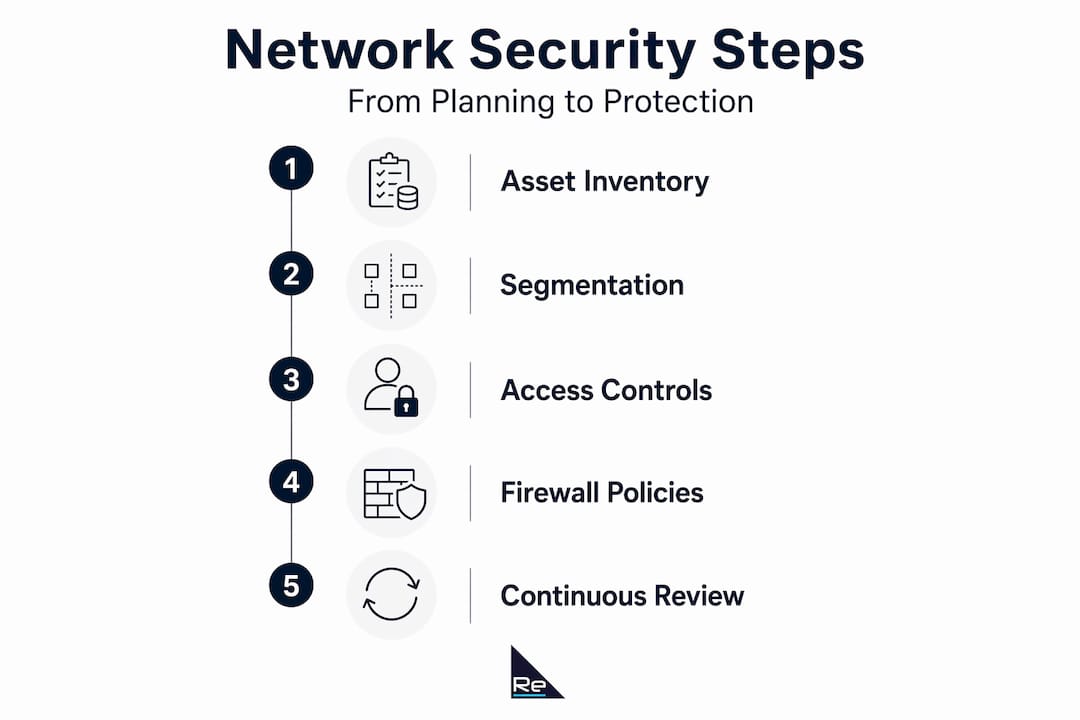 Step-by-step network security guide for robust protection - Re-solution Infographic showing core network security process steps