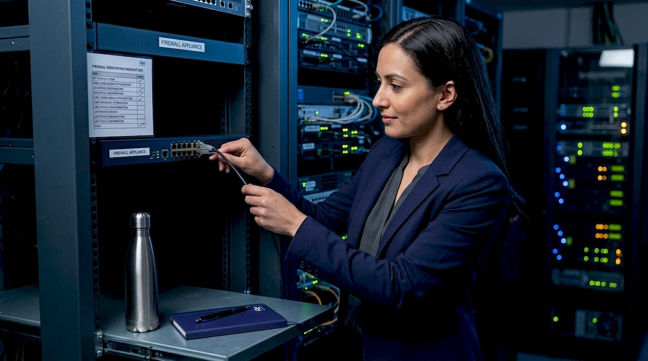 Engineer connects hardware firewall in server rack