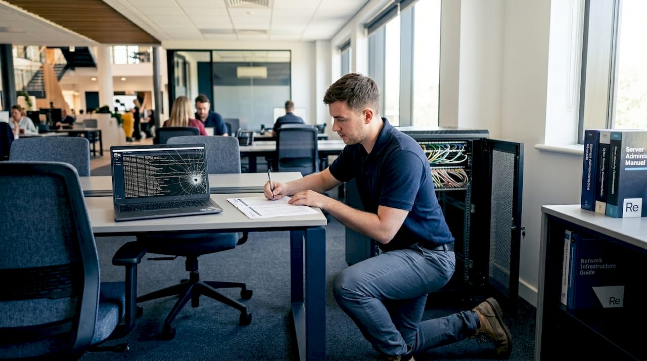 Technician updating server inventory checklist
