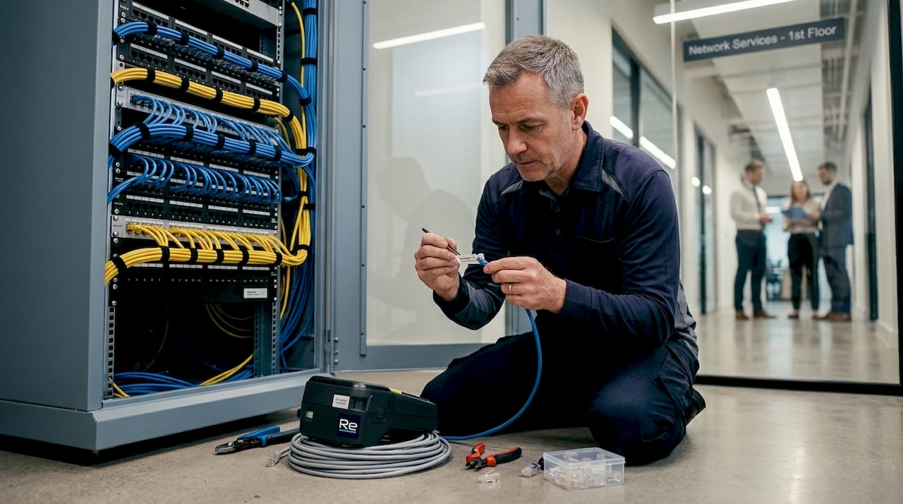 Technician labeling cables in network closet