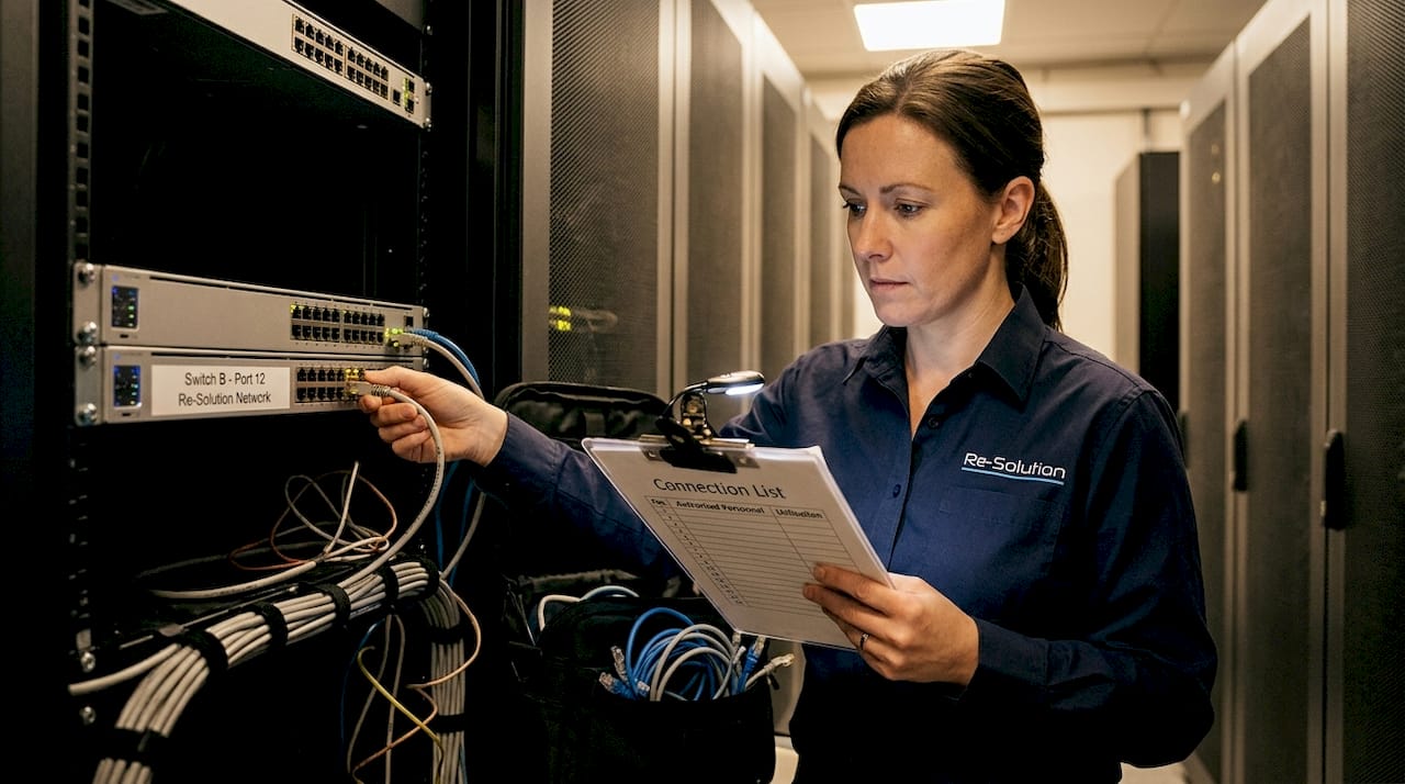 Network topology types explained for IT professionals - Re-solution IT technician inspects hardware in server room