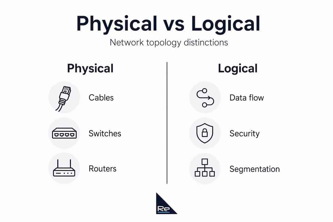 Network topology types explained for IT professionals - Re-solution Infographic comparing physical and logical topology