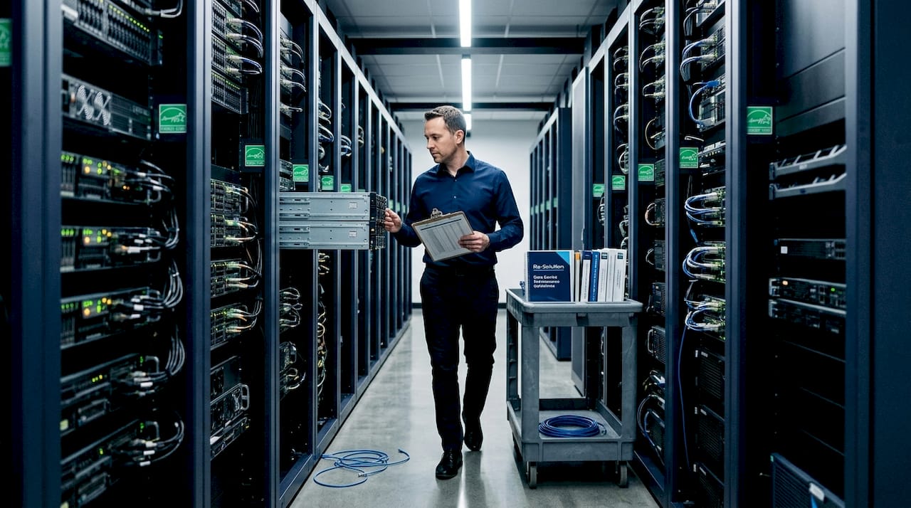 Technician inspecting energy efficient data center servers