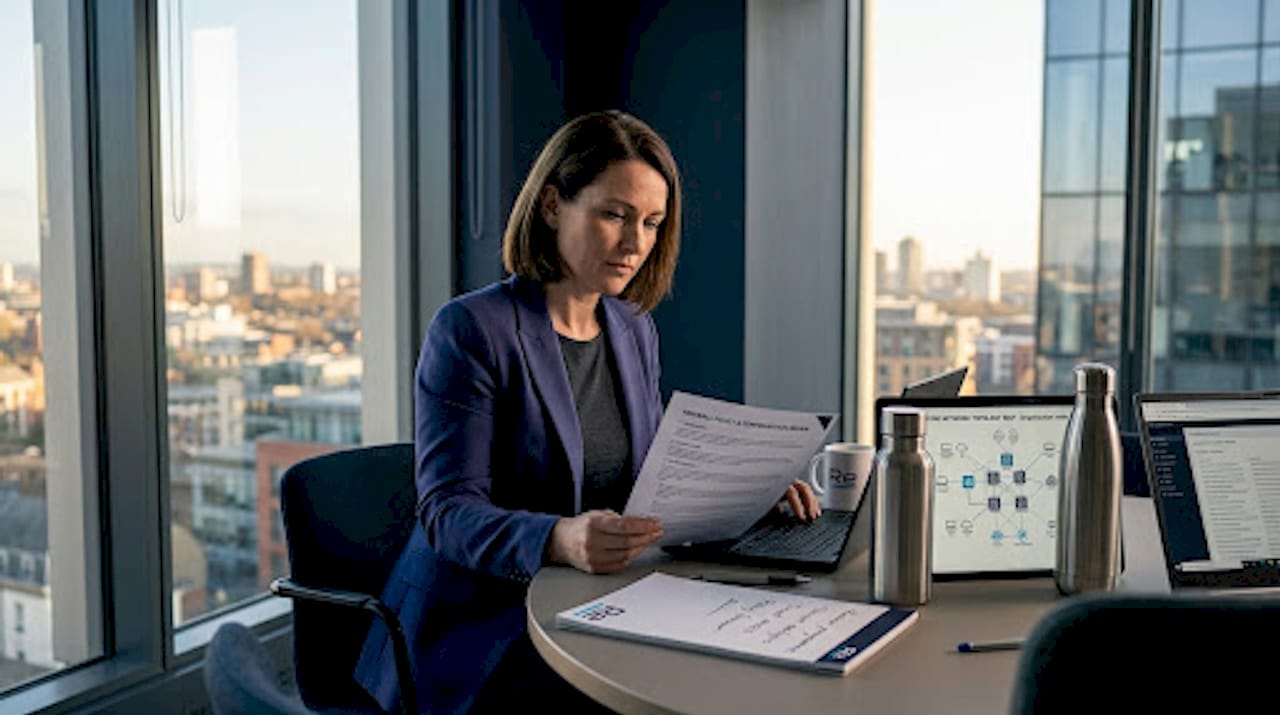 Network manager reviewing firewall policy documents