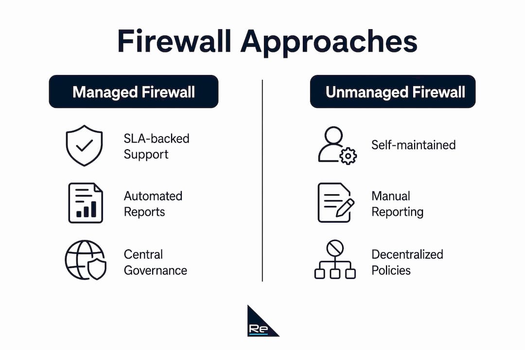 Comparison infographic of managed vs unmanaged firewalls