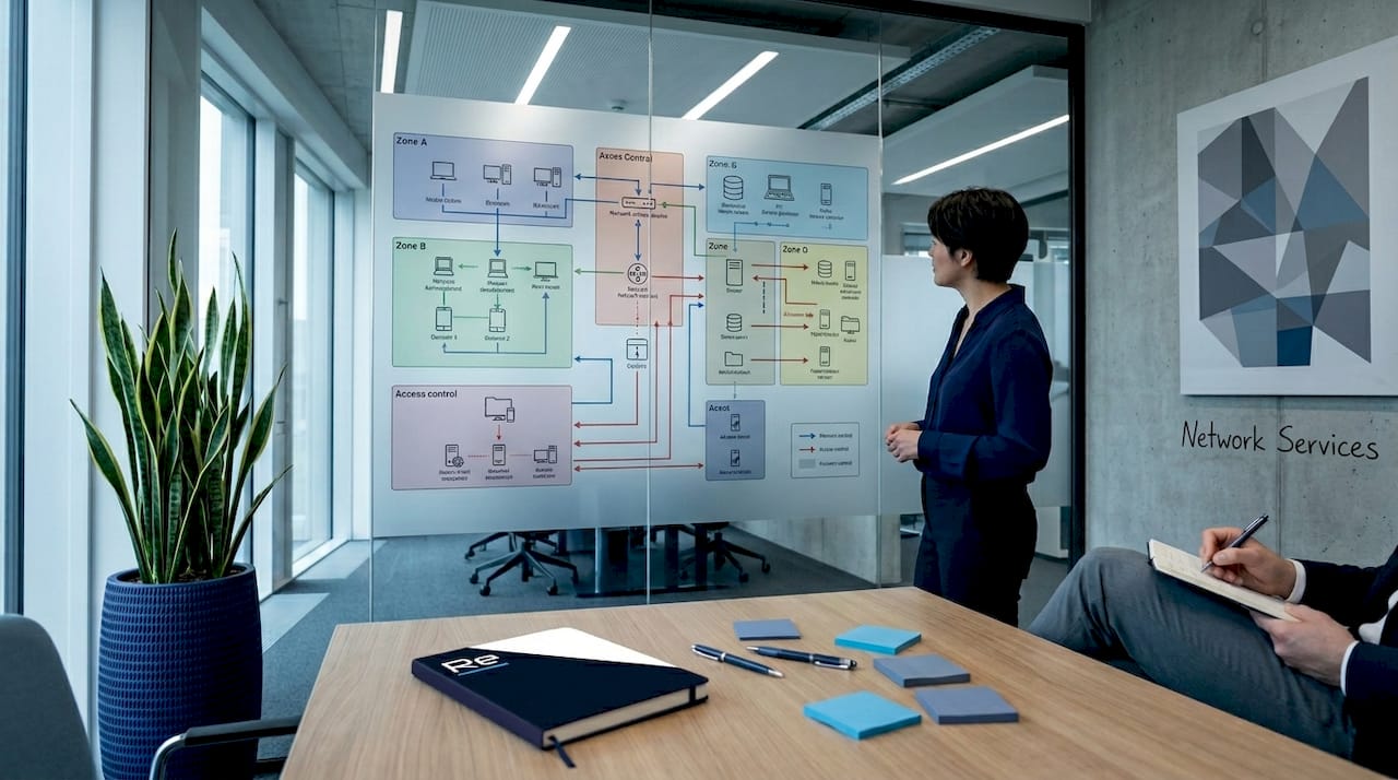 Network segmentation diagram pinned in office