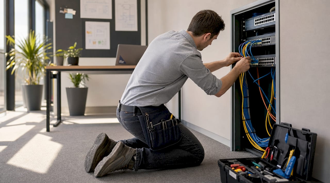 Network improvement strategies list: 2026 guide for IT teams - Re-solution Hands connecting Ethernet cables to switch