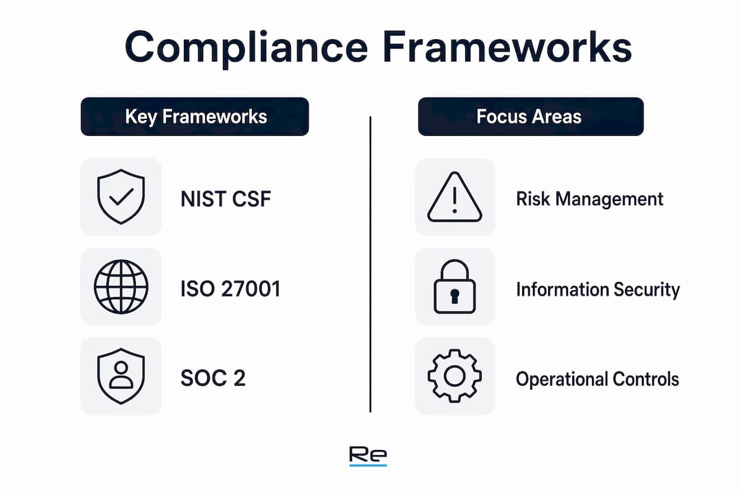 Cybersecurity compliance basics: 2026 guide for IT teams - Re-solution Infographic summarizing cybersecurity compliance frameworks