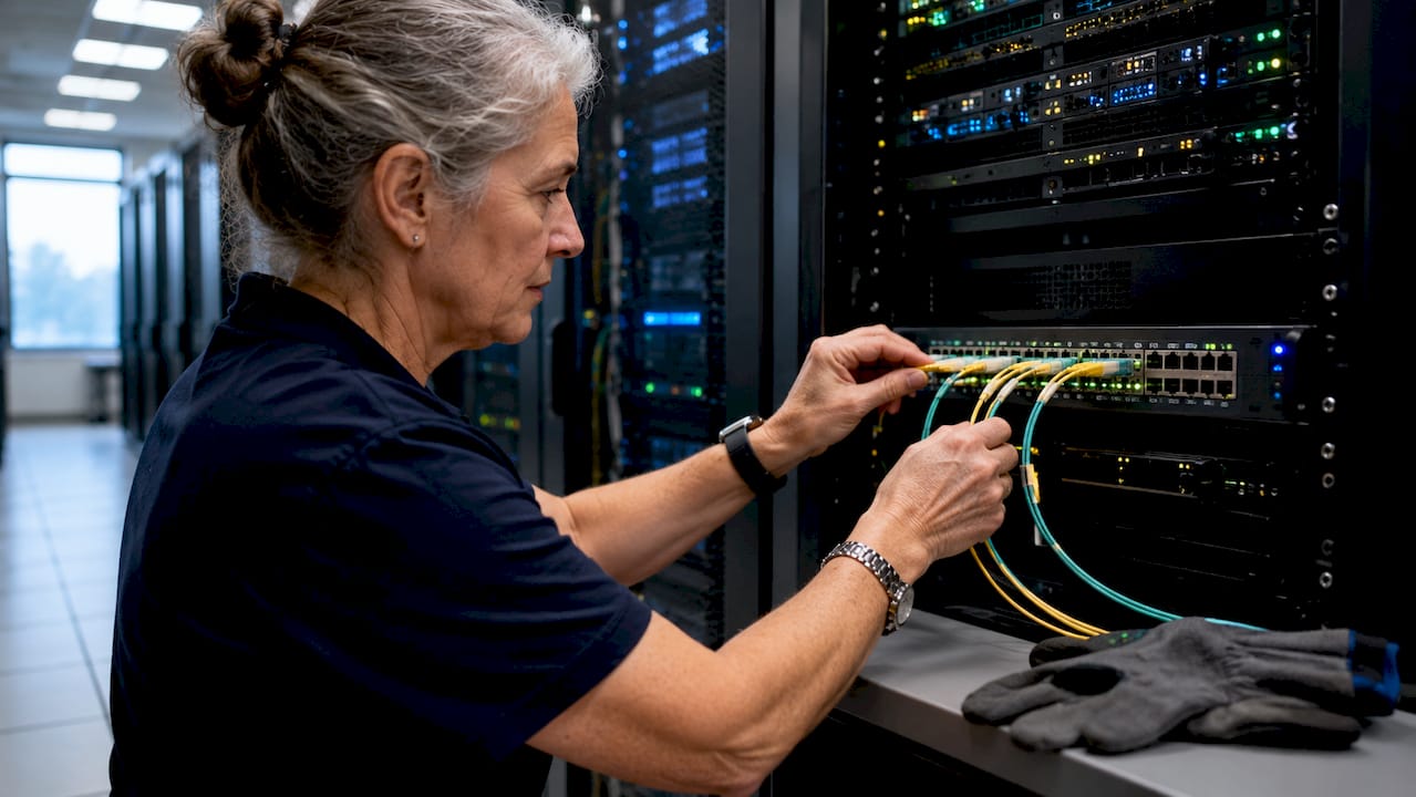 How to enhance network performance: 2026 IT guide - Re-solution Technician installing fiber optic cables in data center