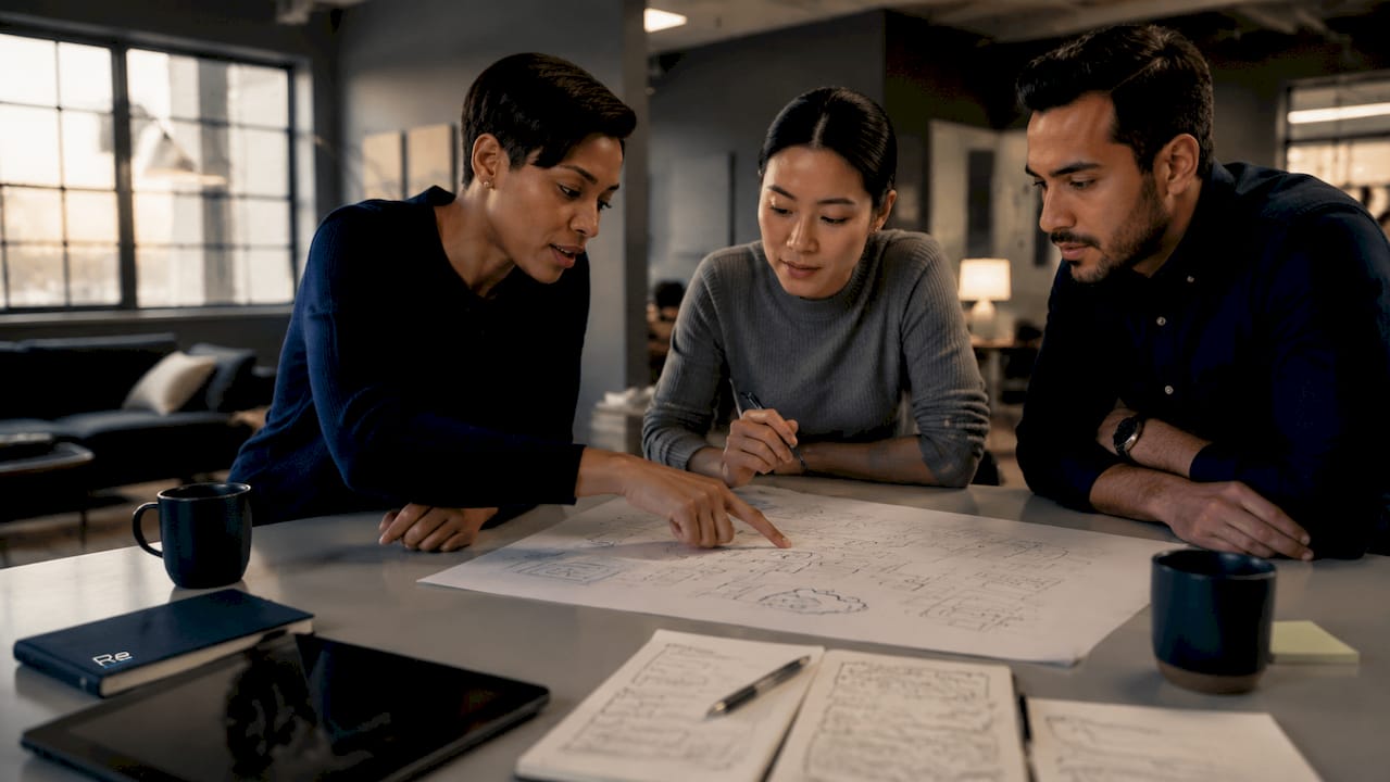 IT team reviewing cloud network architecture diagrams