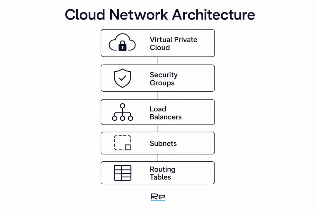 Infographic illustrating cloud network architecture components in a clear flow