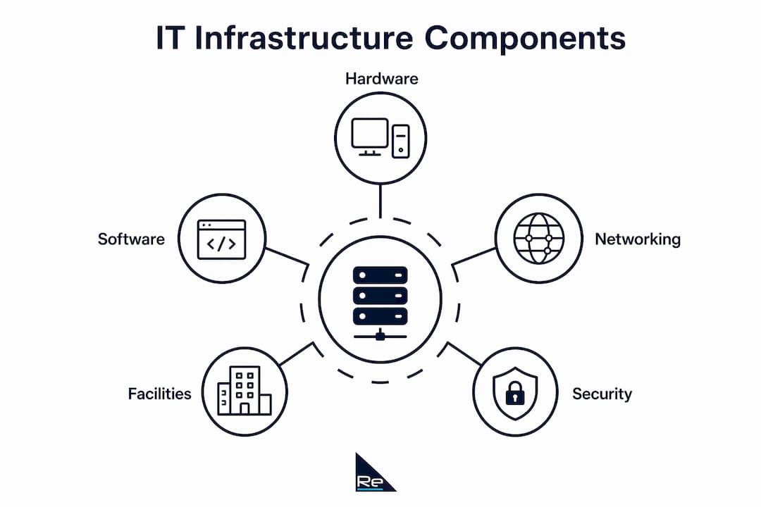 Infographic illustrating core IT infrastructure components in hierarchy layout