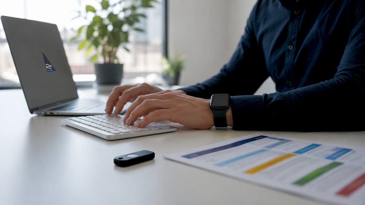 Hands typing passwords with security token nearby