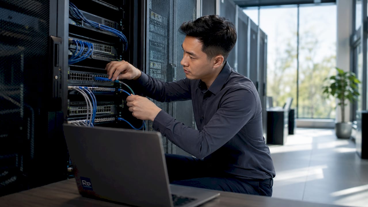 Hands connecting Ethernet cables in data rack