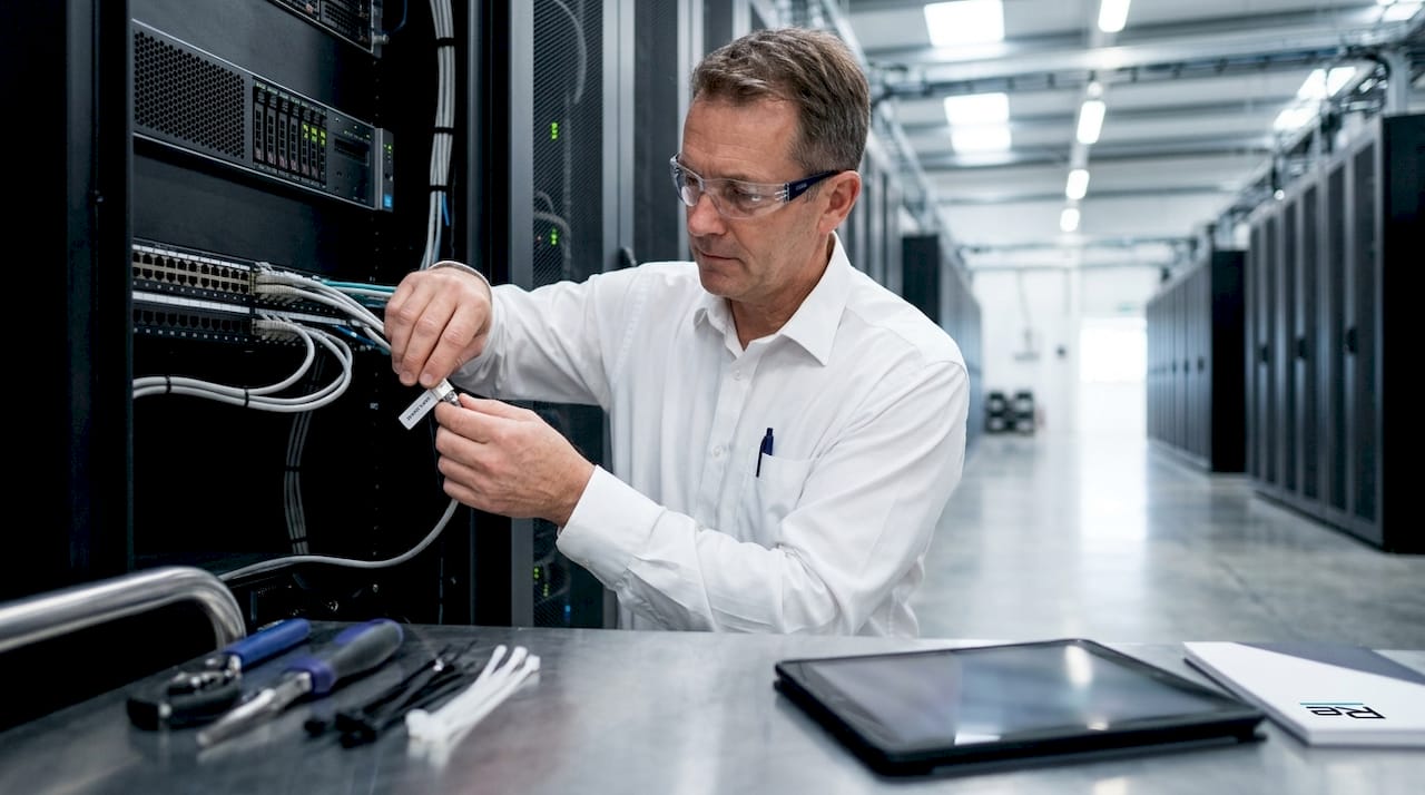 Why physical security integration matters for facilities - Re-solution Engineer inspecting security network cables