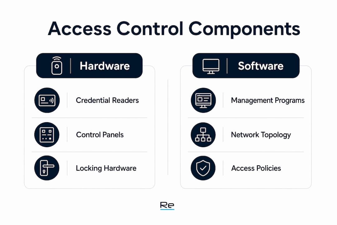 Overview of access control systems: a 2026 guide - Re-solution Infographic showing hardware and software components of access control