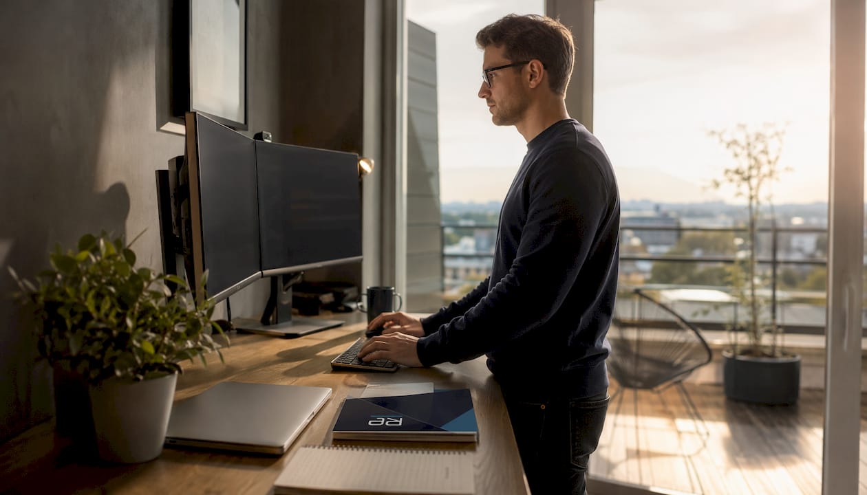 Engineer configuring automation in home office