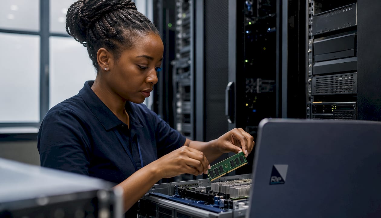 Engineer installing RAM in server rack