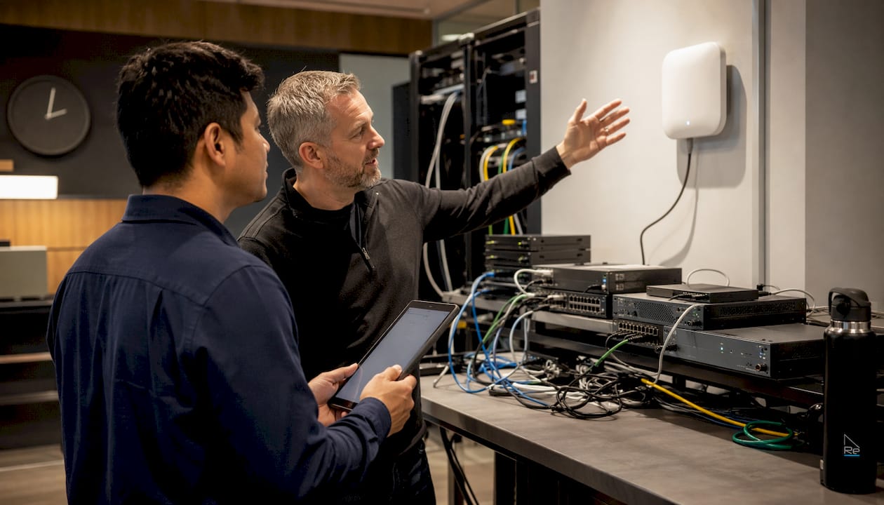 IT professionals configuring hotel networking equipment