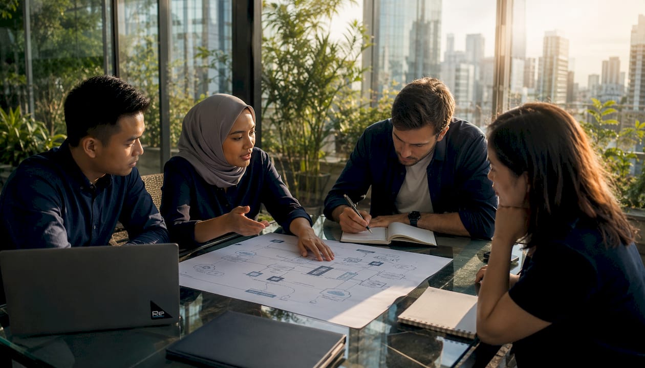 IT team discussing firewall perimeter diagram