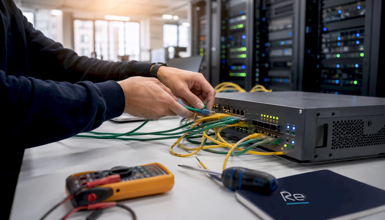 Hands configuring firewall hardware in data center